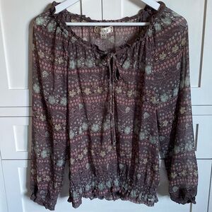 Decree Gray Floral Print Sheer Blouse Sz M